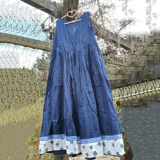 Comstylish Vintage Floral And Plaid Art Cotton Linen Comfy Tank Dress