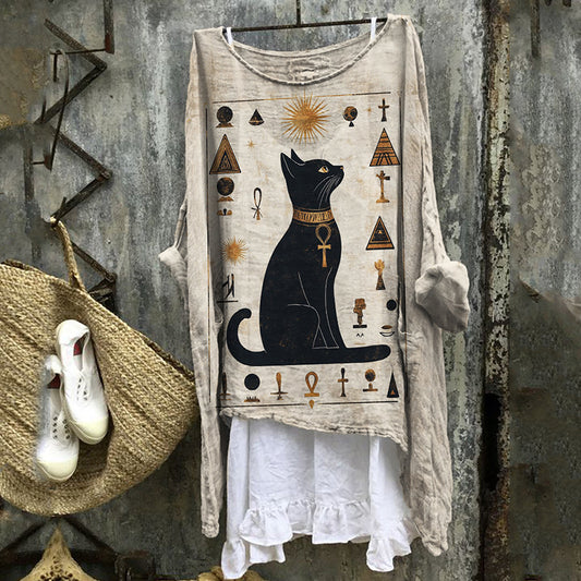 Comstylish Black Cat Ancient Egyptian Art Flowy Linen Tunic