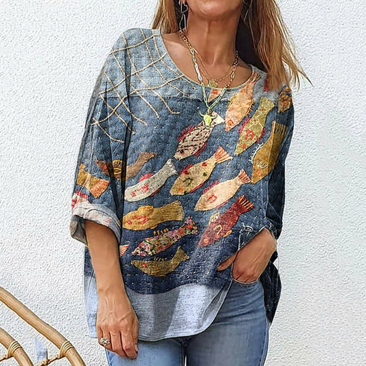 Comstylish Fish Art Print Cotton And Linen Women's Casual Shirt