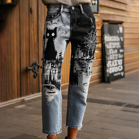 Comstylish Women's Halloween Black Cats And Spider Web Patchwork Design Vintage Washed Jeans