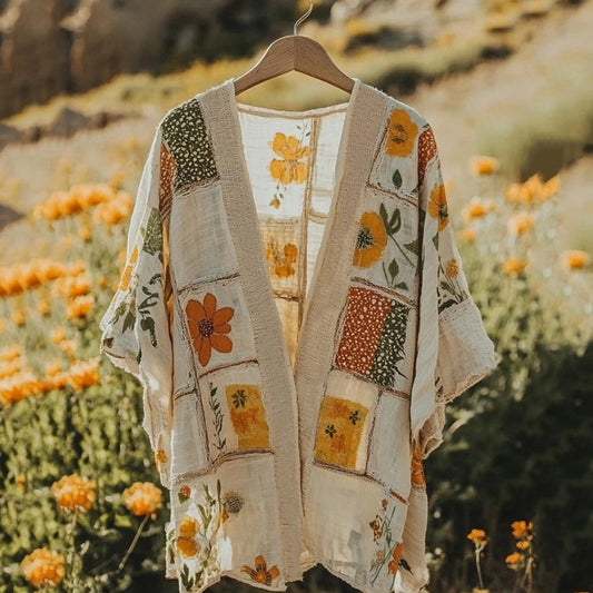 Vintage Floral Patchwork Print Linen Kimono artswardrobe