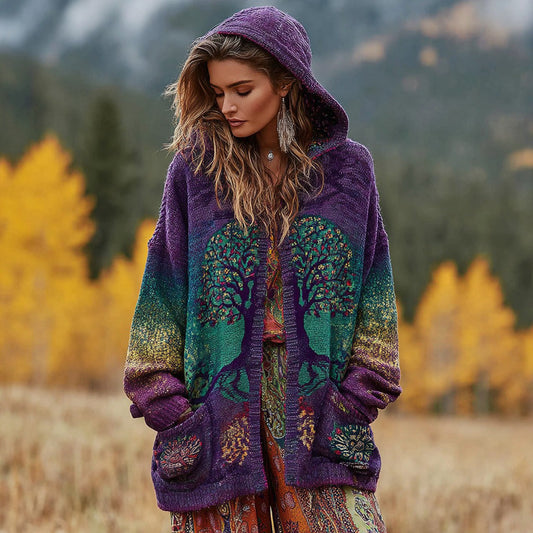 Comstylish Women's Vintage Viking Tree Of Life And Floral Pattern Knitted Cardigan Sweater