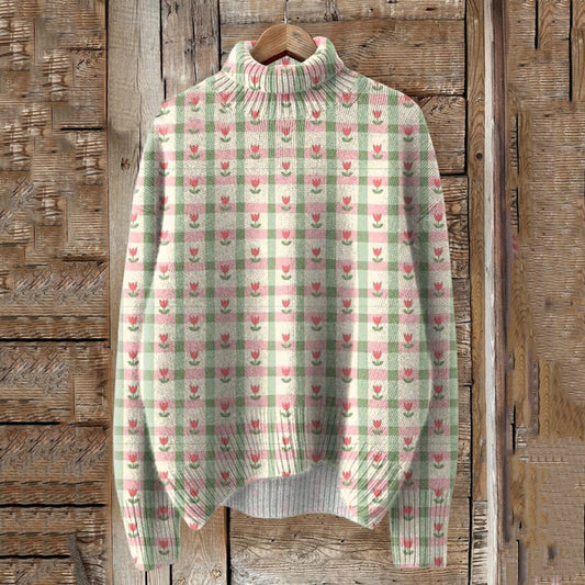 Vintage Floral Art Print Knit Turtleneck Pullover Sweater elevenforest
