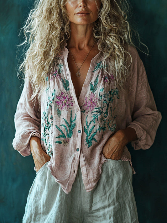 Women's Linen Bohemia Style Plain Long-sleeved Breathable Top Shirt artswardrobe
