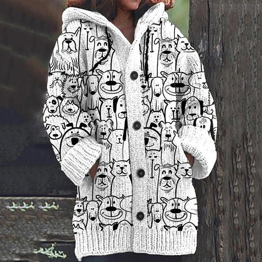 Comstylish Dog Cartoon Print Long Sleeve Knitted Hooded Cardigan
