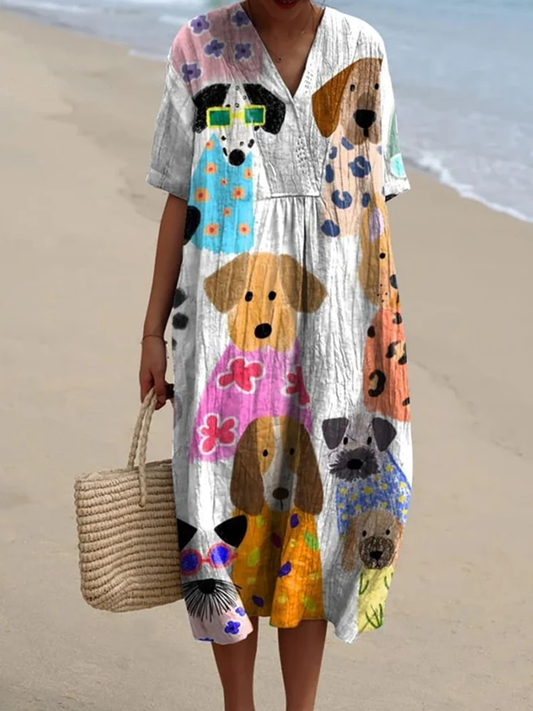 Women's Colorful Fun Cartoon Puppy Print Casual Cotton And Linen Dress