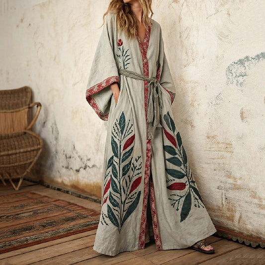 Women's Floral And Tree Art Linen V-neck Robe artswardrobe
