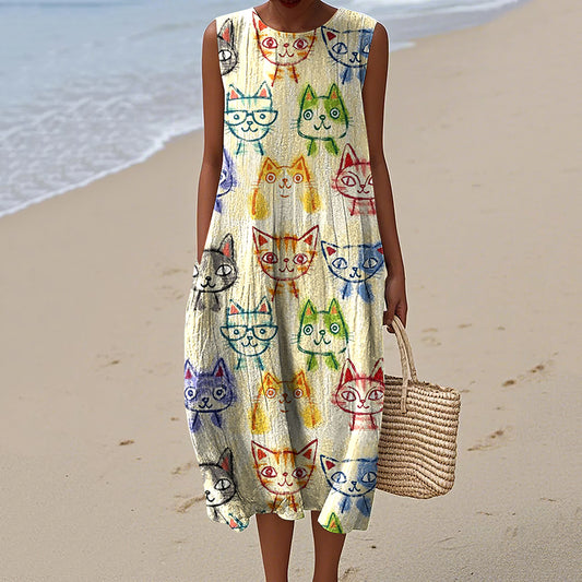 Comstylish Women's Vintage Cute Cat Art Print Linen Dress