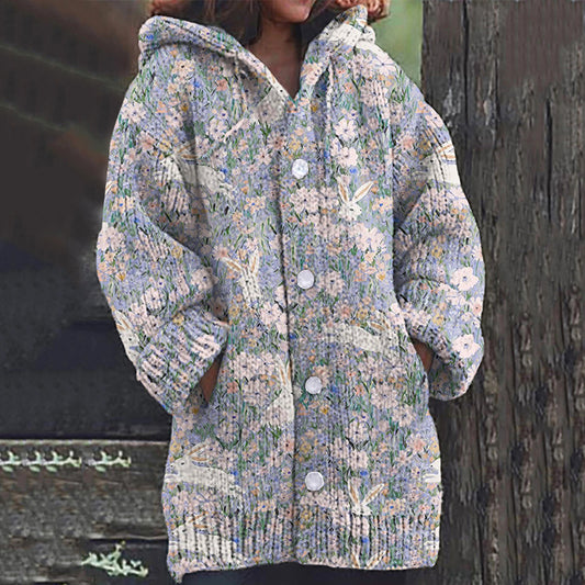 Rabbit Floral Print Women's Cardigan Sweater artswardrobe