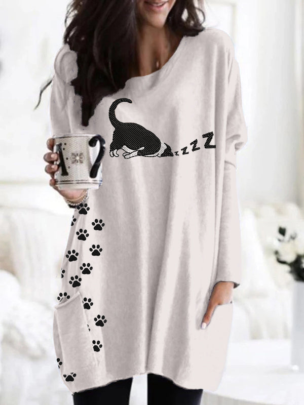 Cute Sleeping Cat Embroidered Comfy Tunic elevenforest
