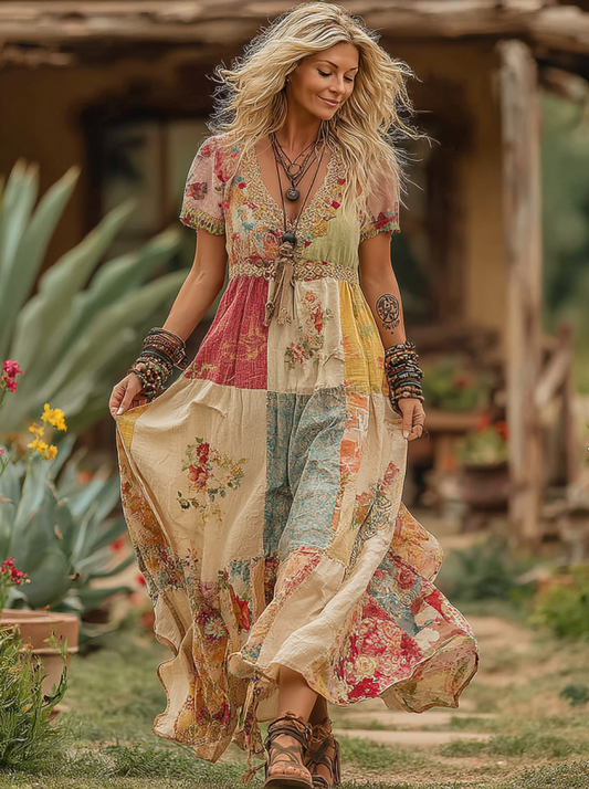 Classy Boho Patchwork Floral Embroidered Linen Maxi Dress artswardrobe