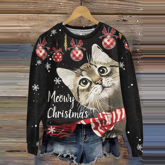 Christmas Cat Print Round Neck Long Sleeve Sweatshirt elevenforest
