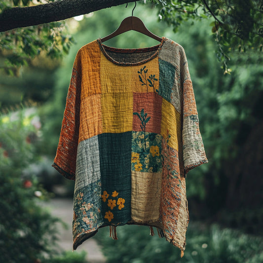 Vintage Color Block Floral Loose Linen Blend T-shirt artswardrobe