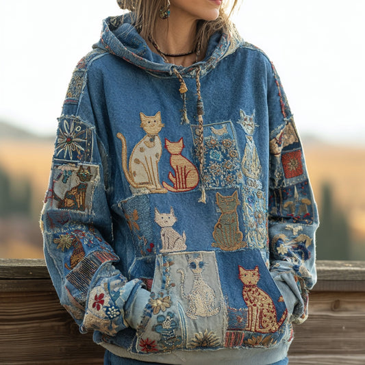 Women's Denim Patchwork Cute Cat Bohemian Floral Print Hoodie
