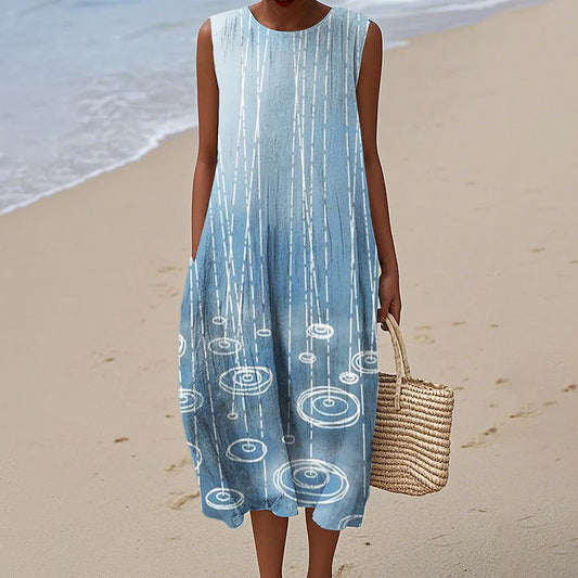 Comstylish Rain & Ripples Japanese Art Gradient Linen Dress
