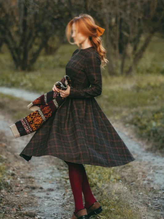 Autumn And Winter Vintage Plaid Women's Long Sleeve Dress artswardrobe