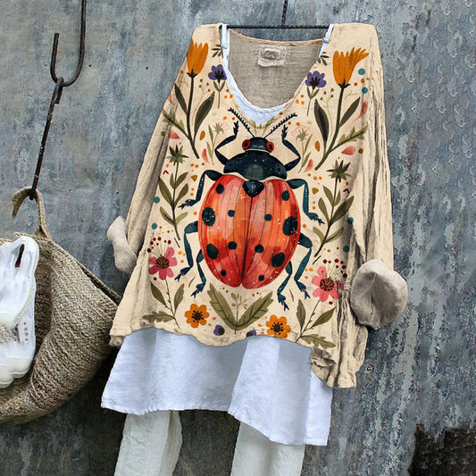 Ladybug Element Vintage Floral Women's Linen Shirt artswardrobe