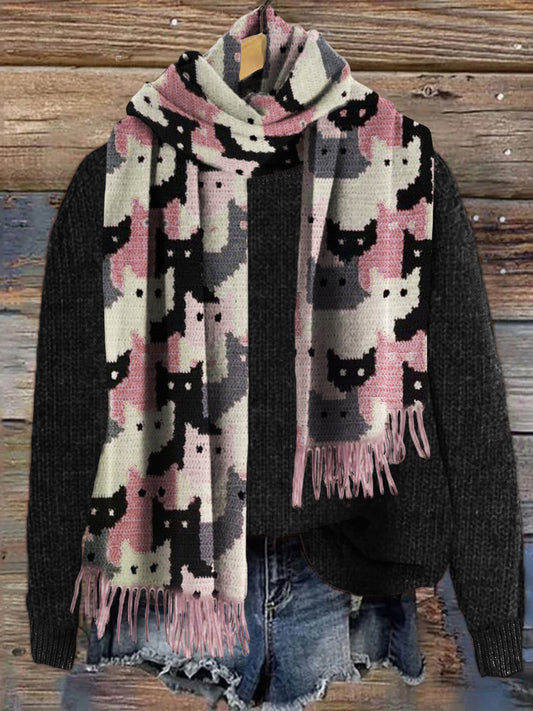 Crowded Cats Pink Knit Art Cozy Scarf elevenforest