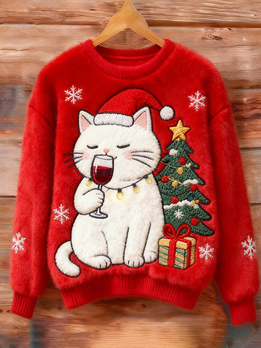Comstylish Christmas Wine Tasting Cat Embroidered Sweater