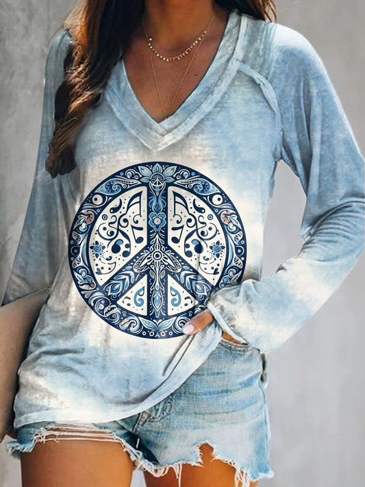 Women's Hippie Art Print V-Neck Long Sleeve Top