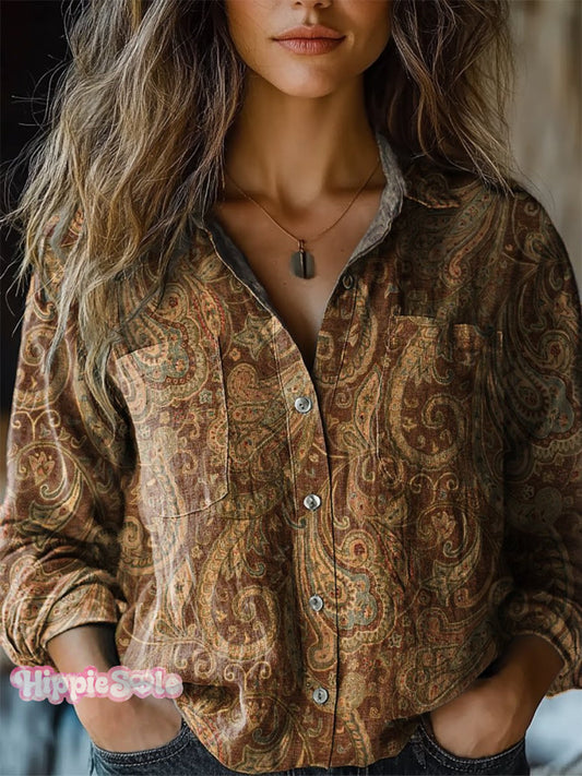 Women's Retro Paisley Floral Print Casual Long Sleeve Comfortable Cott