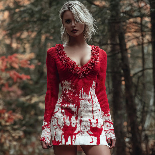 Halloween Blood Handprint & Rose Art Women's Knit V-neck Mini Dress artswardrobe