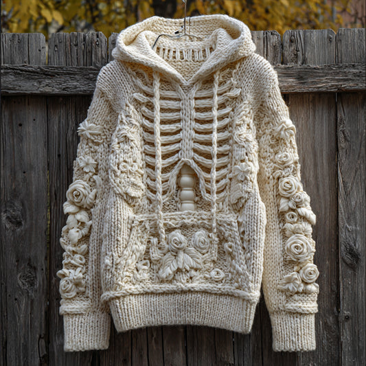 Comstylish Halloween Anatomy Art White Flower Hooded Sweater
