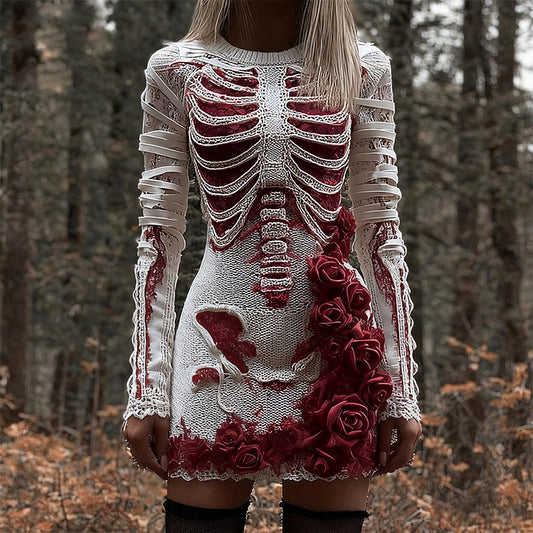 Comstylish Bloody Roses Skeleton Art Bandages Knit Sweater Dress