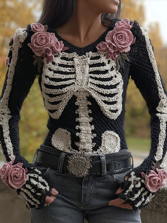Comstylish Vintage Skeleton Roses Crochet Art V Neck Cozy Sweater