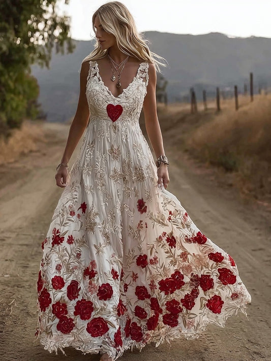 Valentine's Day Hearts & Flowers Embroidered Lace Linen Maxi Dress elevenforest