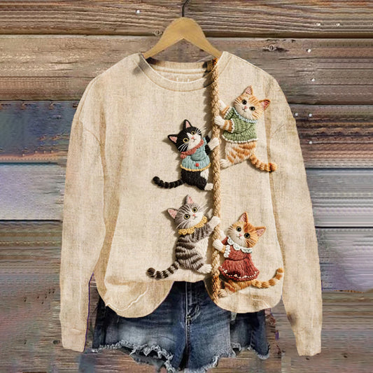 Comstylish Vintage Climbing Rope Pattern Cute Cat Round-neck Hoodie