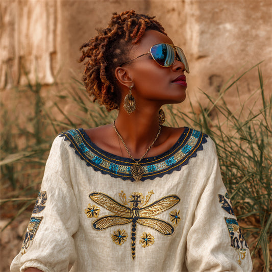 Comstylish Vintage Dragonfly Art Women's Linen Round Neck Loose Top