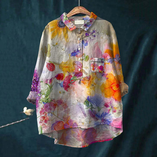 Comstylish Flowers Print Casual Cotton And Linen Shirt