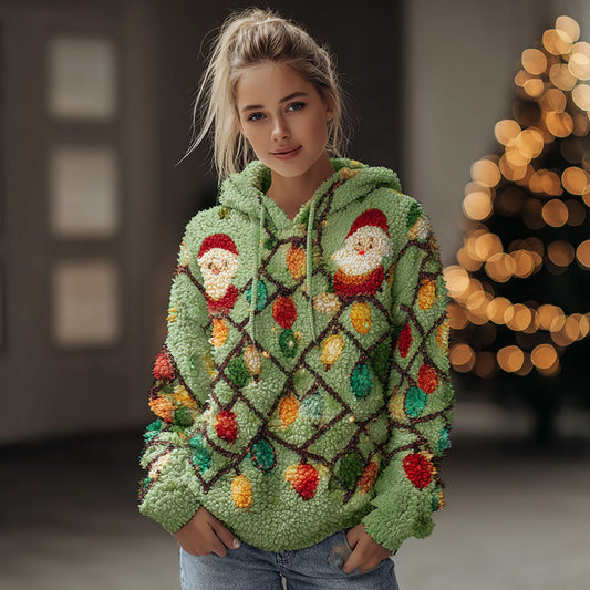 Comstylish Women's Santa Claus And Fairy Light Pattern Plush Hoodie