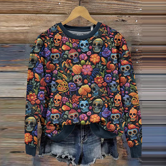 Comstylish Mexican Sugar Skull Embroidered Art Pattern Sweatshirt