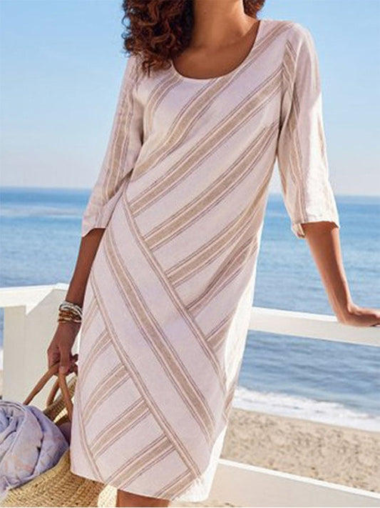 Ladies Striped Cotton Linen Striped Mid Length Dress