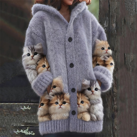 Comstylish Lovely Fuzzy Cats Art Cozy Knit Hooded Cardigan