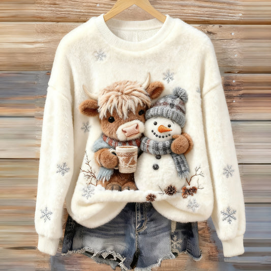 Comstylish Lazy Highland Cow And Snowman Art Plush Pattern Christmas Sweater