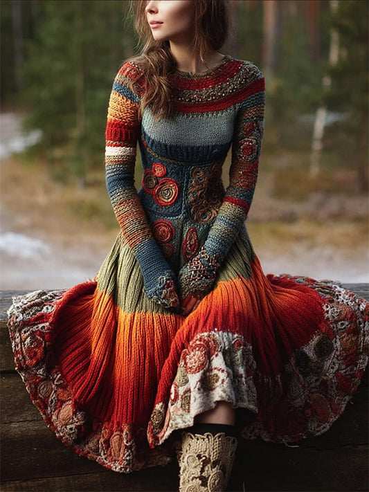 Comstylish Boho Floral Crochet Geometric Colorblock Maxi Sweater Dress