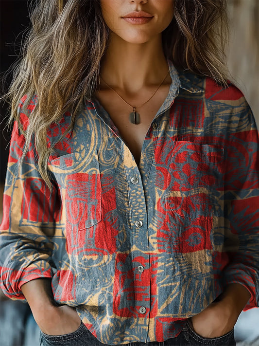 Women's Bohemian Ethnic Collage Art Pattern Print Long Sleeve Comforta