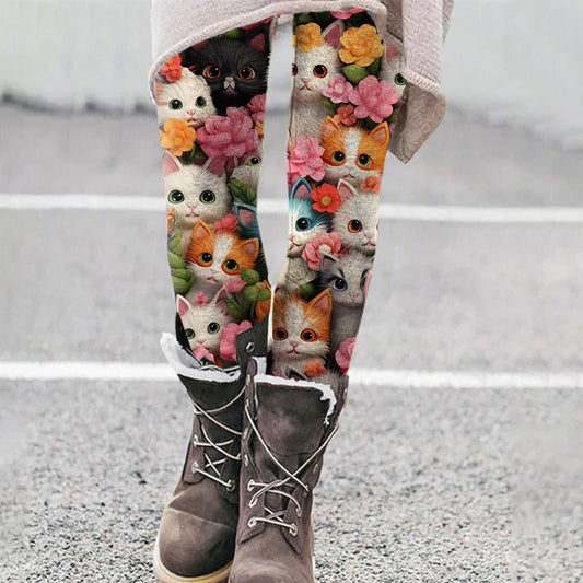 Women's Cat And Floral Print Casual Leggings elevenforest