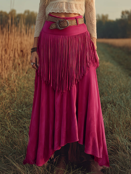 Retro Western Style Waist Fringe Pink Faux Suede Skirt