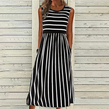 Vintage Stripe Art Linen Tank Midi Dress artswardrobe