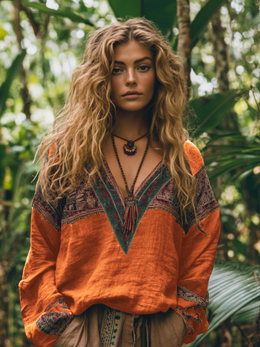 Comstylish Retro Boho Tribal Embroidery Print Cotton And Linen Blend Loose Blouse