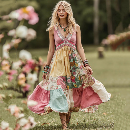Women Vintage Pink Floral Patch Art V Neck Linen Maxi Dress artswardrobe
