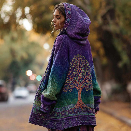 Comstylish Women's Tree Of Life Floral Gradient Cozy Pocket Hooded Cardigan