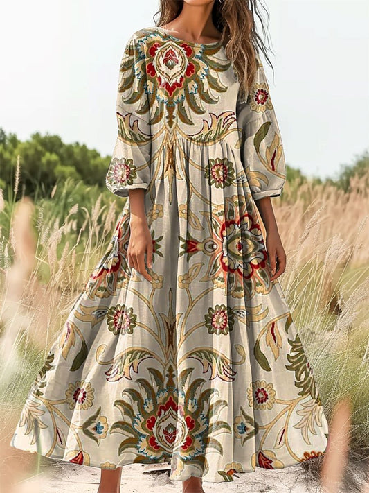 Women's Floral Embellished Pattern Art Print Cotton Crew Neck Dress
