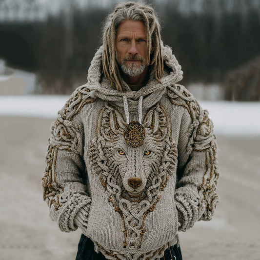 Men's Vintage Viking Wolf Cozy Knit Hooded Sweater artswardrobe