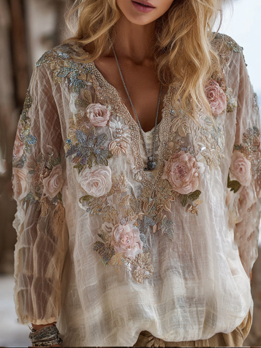 Bohemian Three-dimensional Pink Floral Sequin Fairy White Thin Long-sleeved V-neck Top artswardrobe