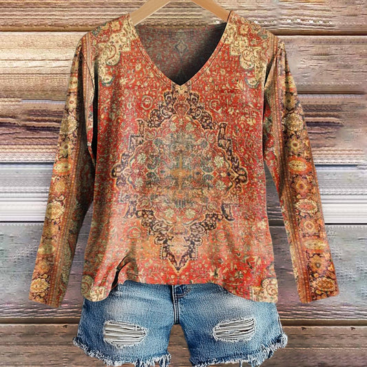 Women's Retro Ethnic Totem Pattern Print Casual V-neck Long Sleeve T-s